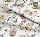 Watercolor Greeting Letter Envelope, Knitted Sock, Clock, Cookie Pattern, Digital Printed Christmas Fabric